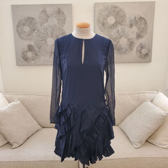 Grey JASON WU Silk Long Sleeve Ruffle Dress - size 4 in Midnight Blue - Picture 4 of 13